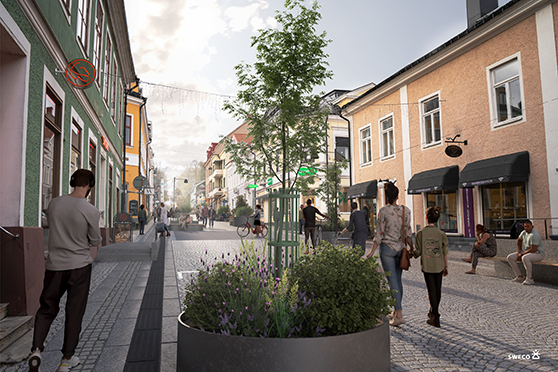 Visualiseringsbilden för nya Storgatan. Tecknade människor vistas på nya gatan som omges av möbler, växlighet och tillgänglighetsanpassade entréer till butikerna längs gatan.