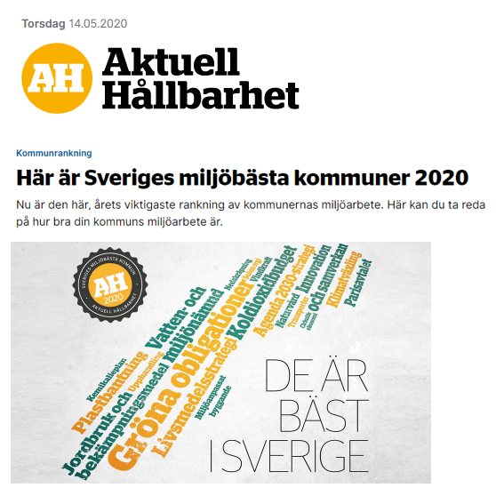 bild med text aktuell hållbarhet Sveriges miljöbästa kommuner 2020 - de är bäst i Sverige