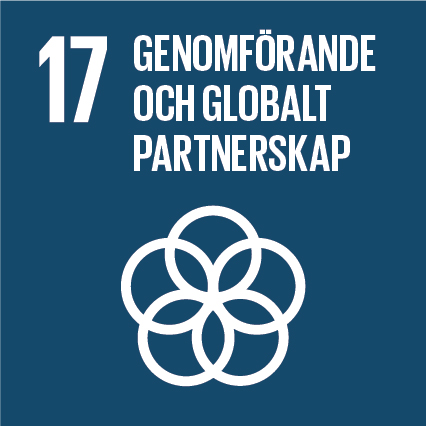 Blå ruta med texten 17 genomförande och globalt partnerskap. 
