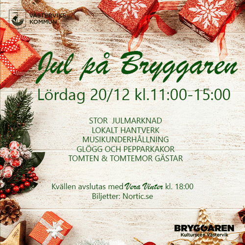 På bilden som har julstämning syns texten till evenemanget. Jul på Bryggaren Lördag 20/12 kl.11:00-15:00 STOR  JULMARKNAD LOKALT HANTVERK MUSIKUNDERHÅLLNING GLÖGG OCH PEPPARKAKOR TOMTEN & TOMTEMOR GÄSTAR