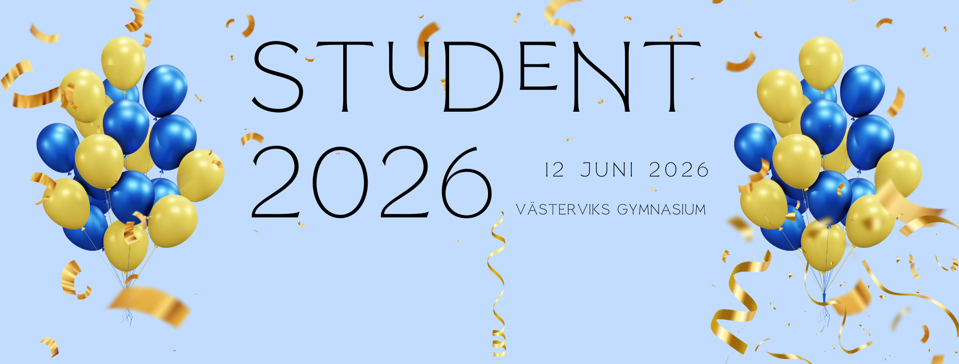 En gul platta med ballonger, konfetti,  och texten 12 juni 2026, student 2026,