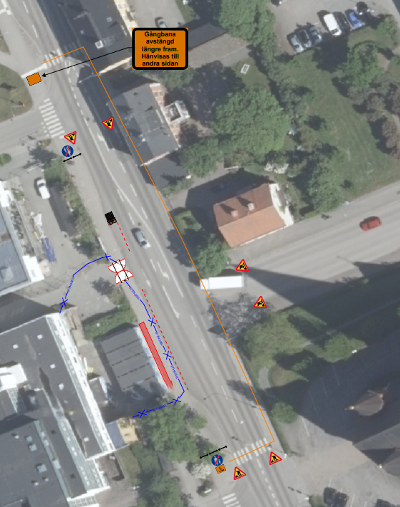 Bilden visar var trottoar och bussficka kommer att vara avstängda.