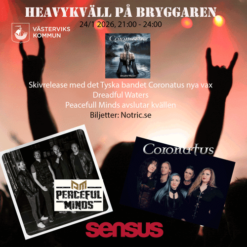 På bilden ser man 2 bilder på banden mot en rockbakgrund där man ser ljus och 2 uppsträckta händer som gör hårdrockstecken mot en scen. 