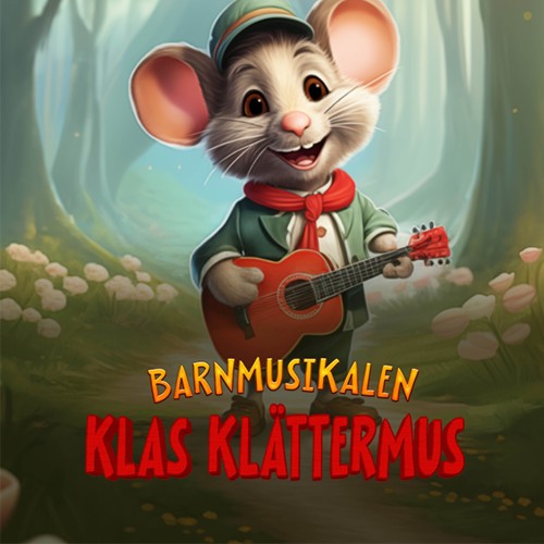 Vi ser Klas Klättermus som står i skogen med en gitarr. Han ser glad ut.