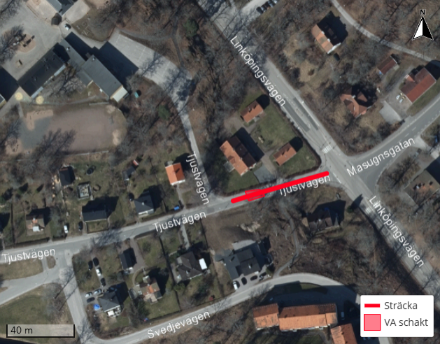 Bild på Tjustvägen i Överum som stängs av på grund av vattenläcka.