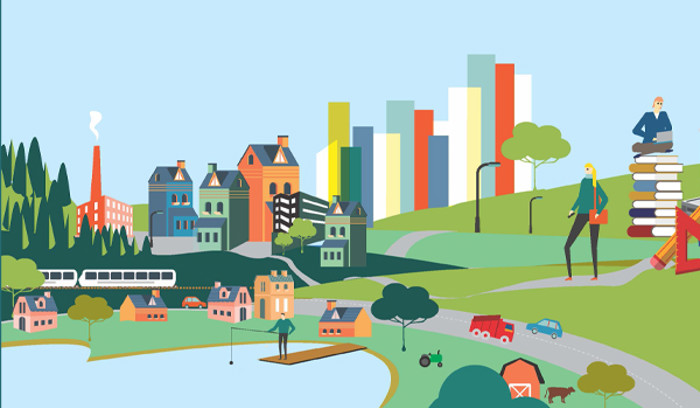 En tecknad bild på en stad med liv och rörelse.
