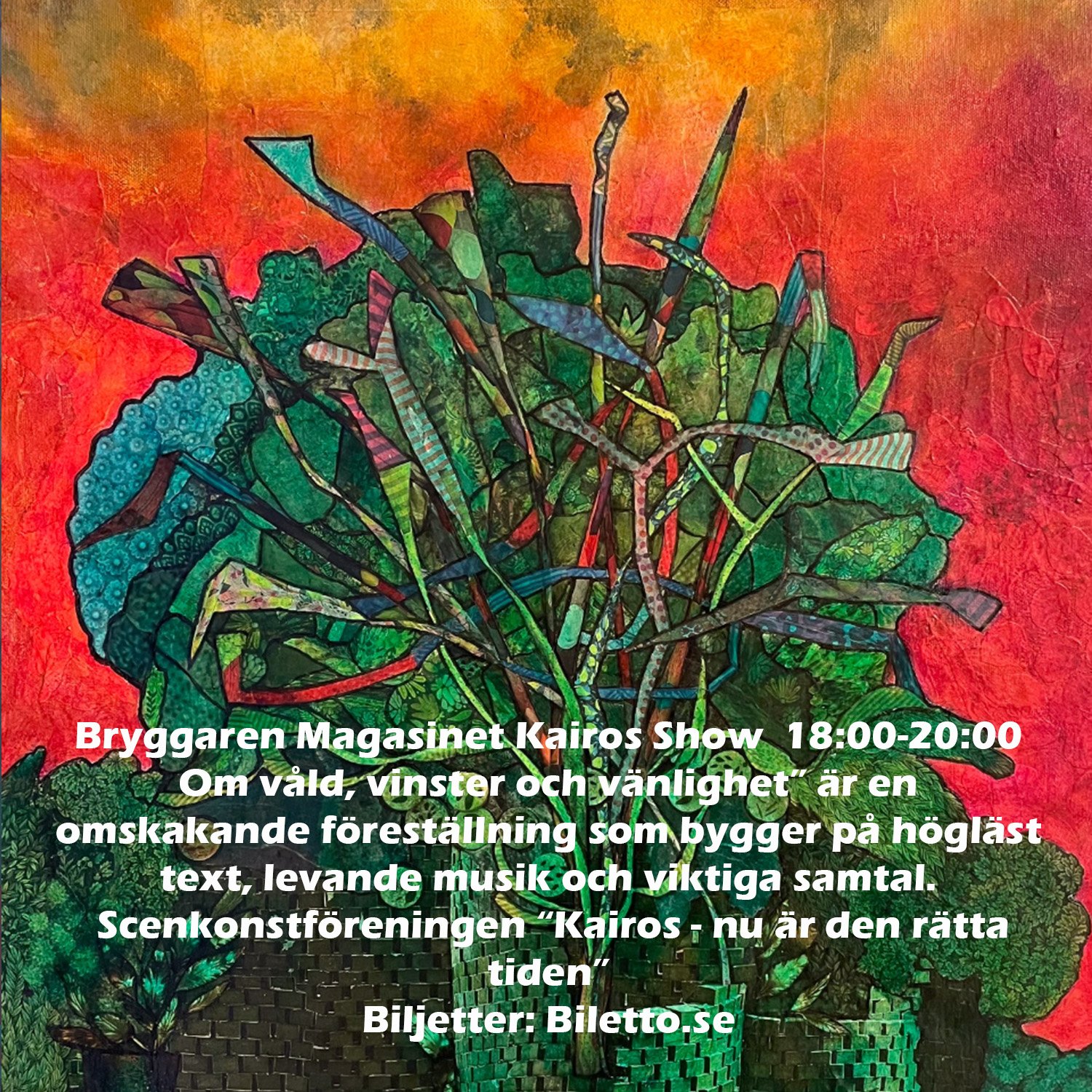 Ett konstverk av ett träd som står mot röd bakgrund