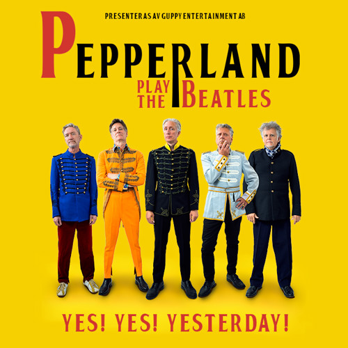 Artisterna är klädda som The Beatles och står mot en gul bakgrund
