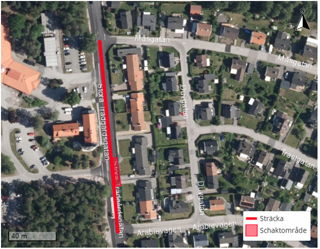 Kartbilaga över avstängning Stora Trädgårdsgatan mellan Måsgatan och Arabievägen
