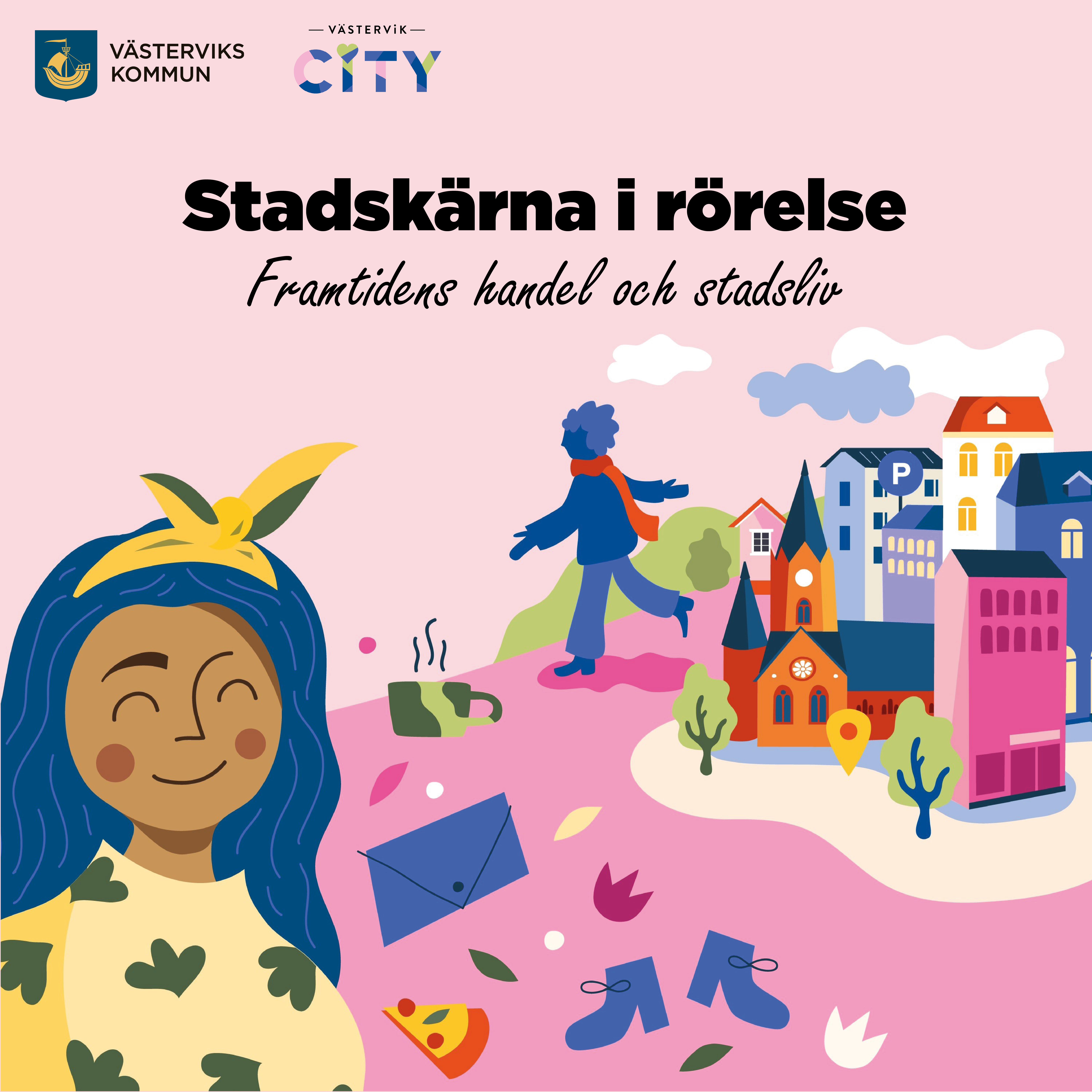 Grafiskt bild på element som kännetecknar Västervik med texten "Stadskärna i rörelse". 