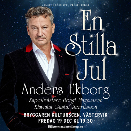 Anders Ekborg står mot en julig bakgrund med stjärnor och månljus.