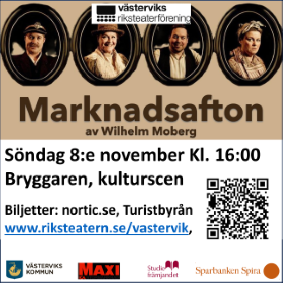 Fyra skådespelare syns i runda bilder mitt på bilden. Texten under lyder...Marknadsafton