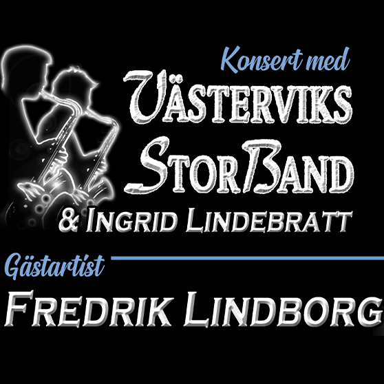Det är två siluetter som spelar saxofon på bilden. Det är även en silverlogotype som skiner mot en svart bakgrund. Logotypen visar namnet Västerviks Storband