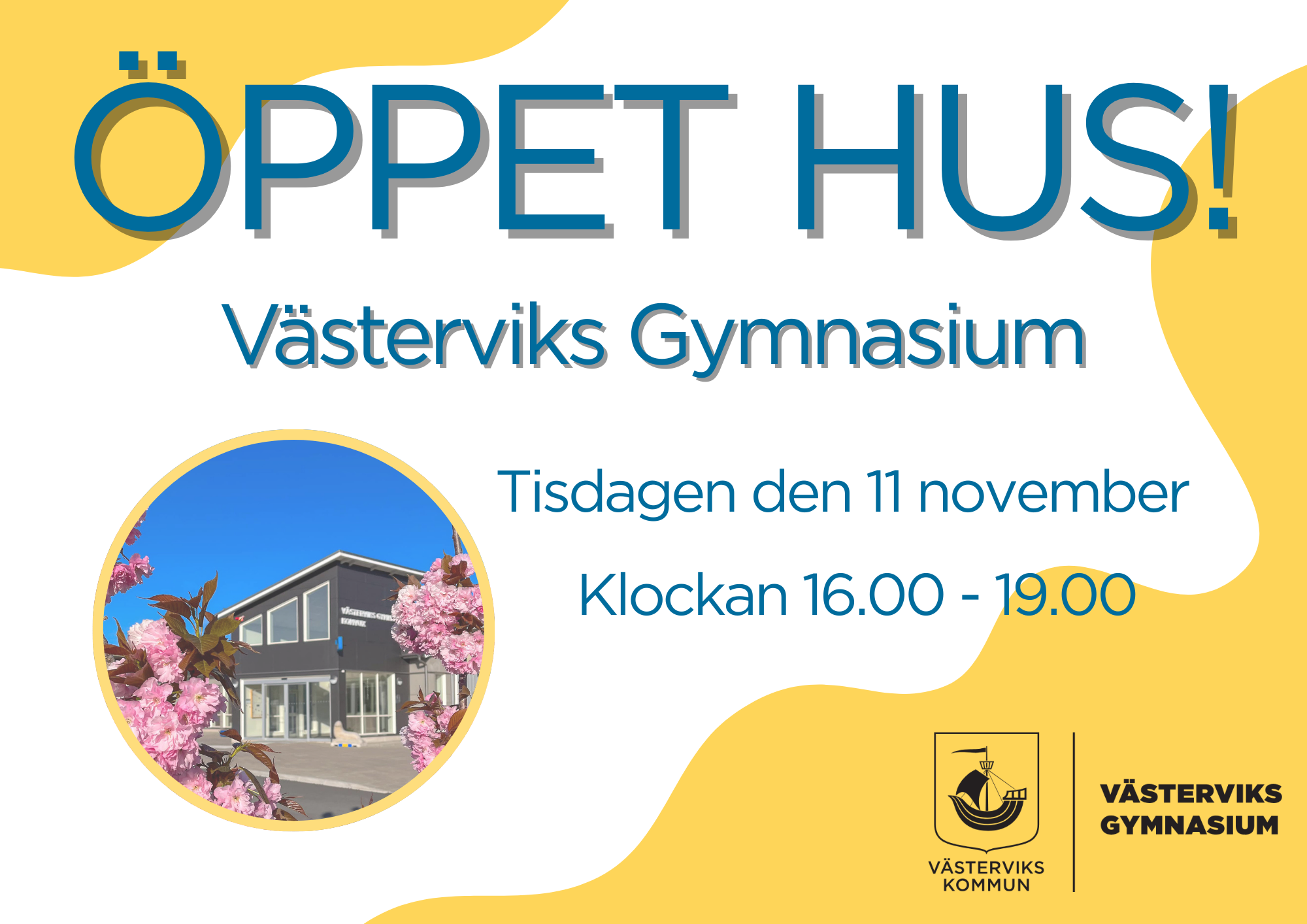 Bild på skolan och en text om öppet hus.