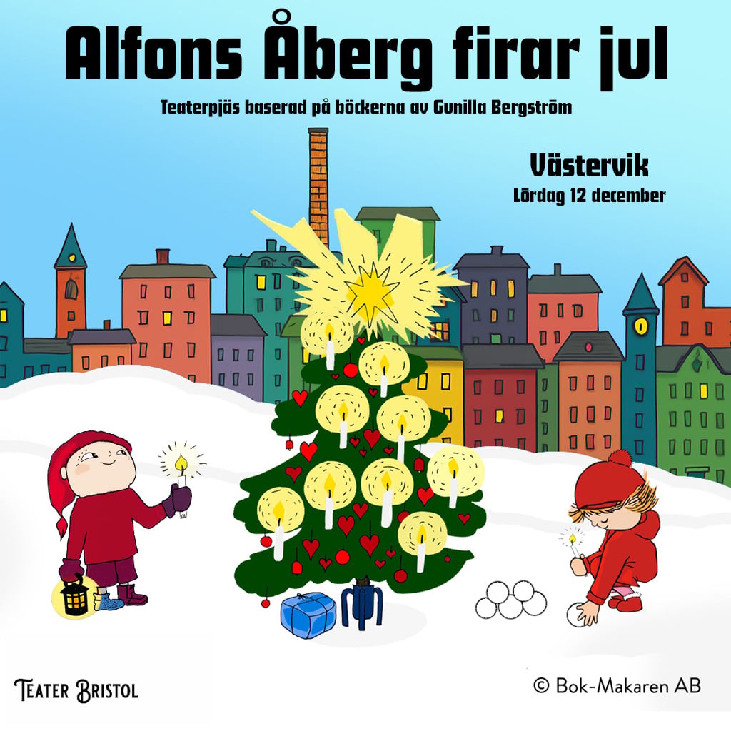 Alfon och Milla sätter ljus i granen, de står ute och har staden som siluett bakom sig.