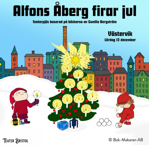 Alfon och Milla sätter ljus i granen, de står ute och har staden som siluett bakom sig.