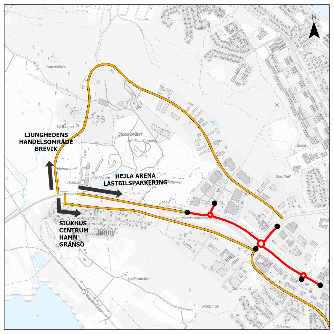 Bilden visar omledning av trafik på grund av arbeten på Stora Infartsvägen i Västervik