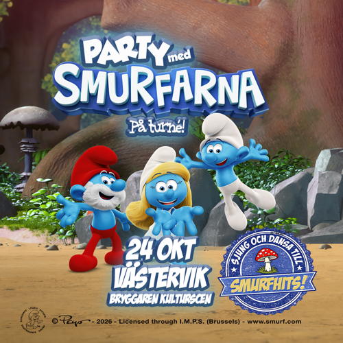 På bilden syns Gammelsmurfen och Smurfan, samt Sångsmurfen. Alla är glada!