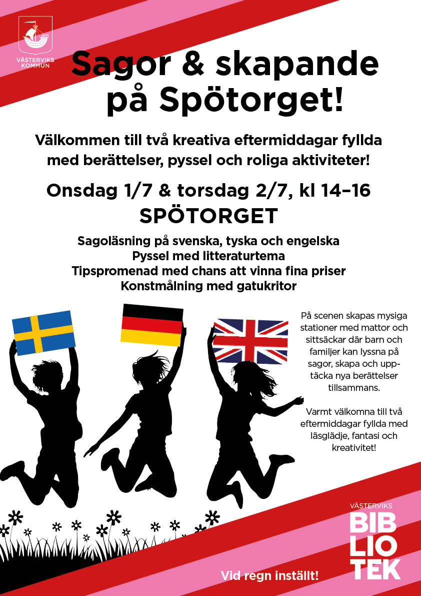 Sagor & skapande på Spötorget! Välkommen till två kreativa eftermiddagar fyllda med berättelser, pyssel och roliga aktiviteter! Onsdag 1/7 & torsdag 2/7, kl 14–16 SPÖTORGET Sagoläsning på svenska, tyska och engelska Pyssel med litteraturtema Tipspromenad med chans att vinna fina priser Konstmålning med gatukritor På scenen skapas mysiga stationer med mattor och sittsäckar där barn och familjer kan lyssna på sagor, skapa och upptäcka nya berättelser tillsammans. Varmt välkomna till två eftermiddagar fyllda med läsglädje, fantasi och kreativitet! Vid regn inställt!