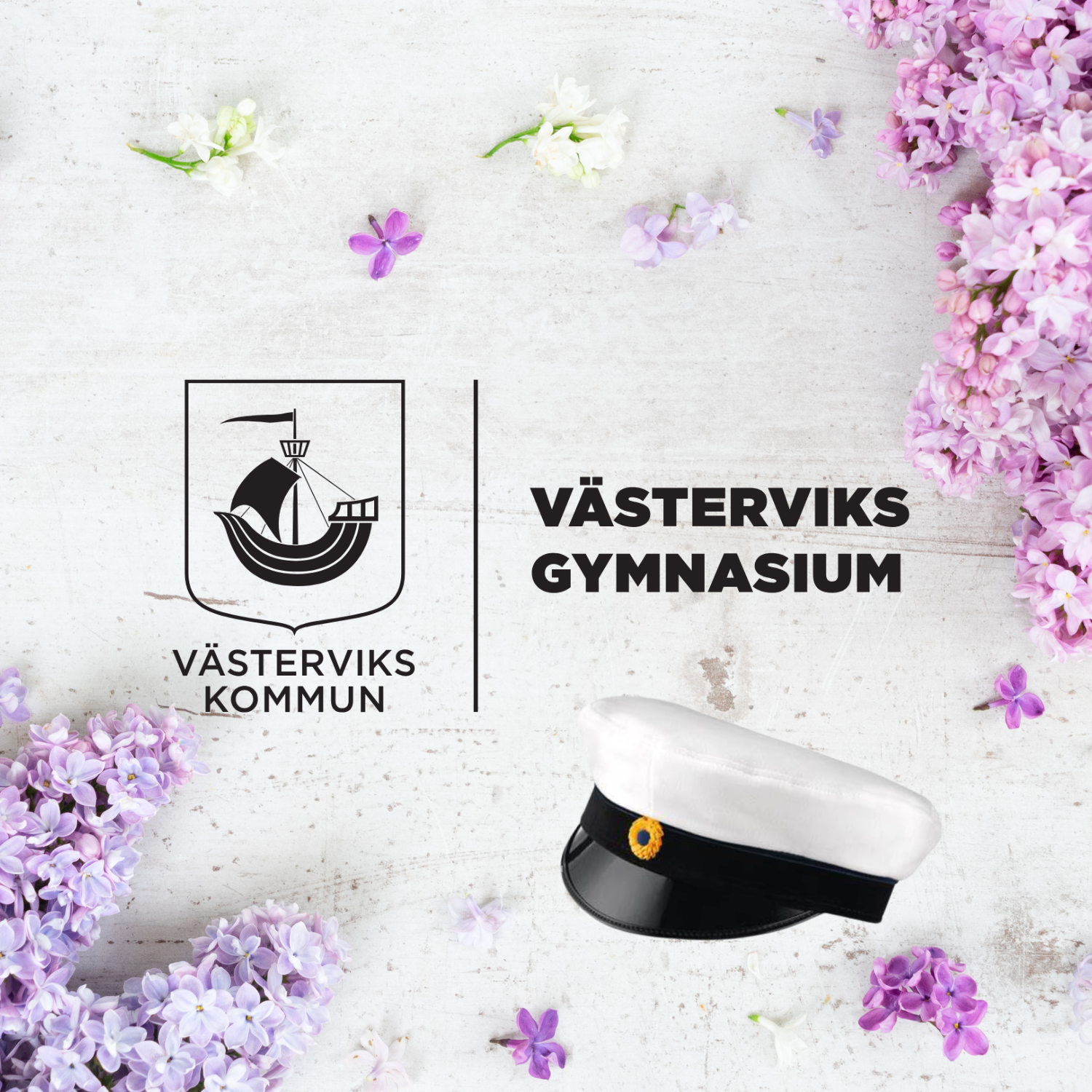 Västerviks gymnasium och en studentmössa bland syrener. 