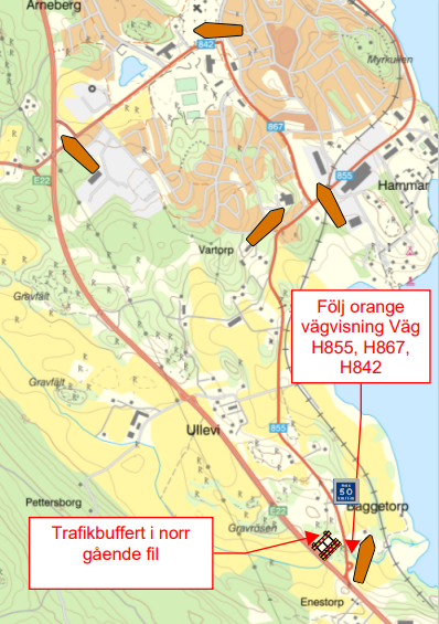 En karta med trafikpilar som visar omledning av trafik mellan Ullevi och Gamleby