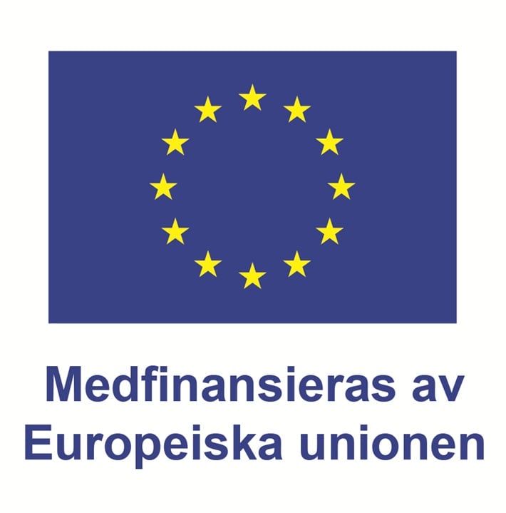 En blå flagga med stjärnor i en cirkel och texten Medfinanseras av Europeiska unionen. 