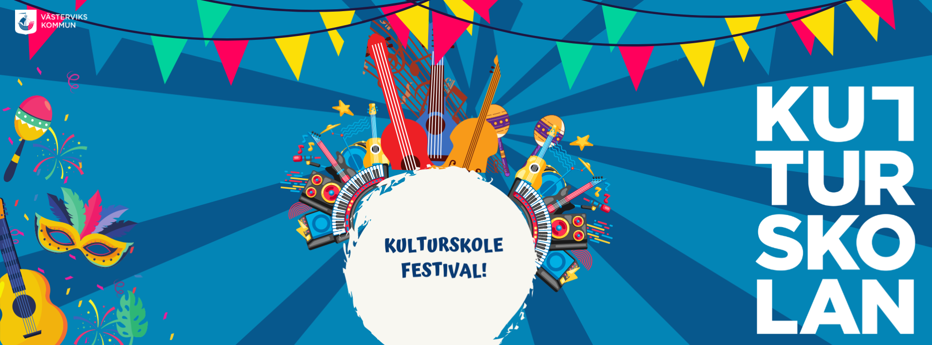 En blå bakgrund med färgglada instrument och girlanger samt texten Kulturskolefestival