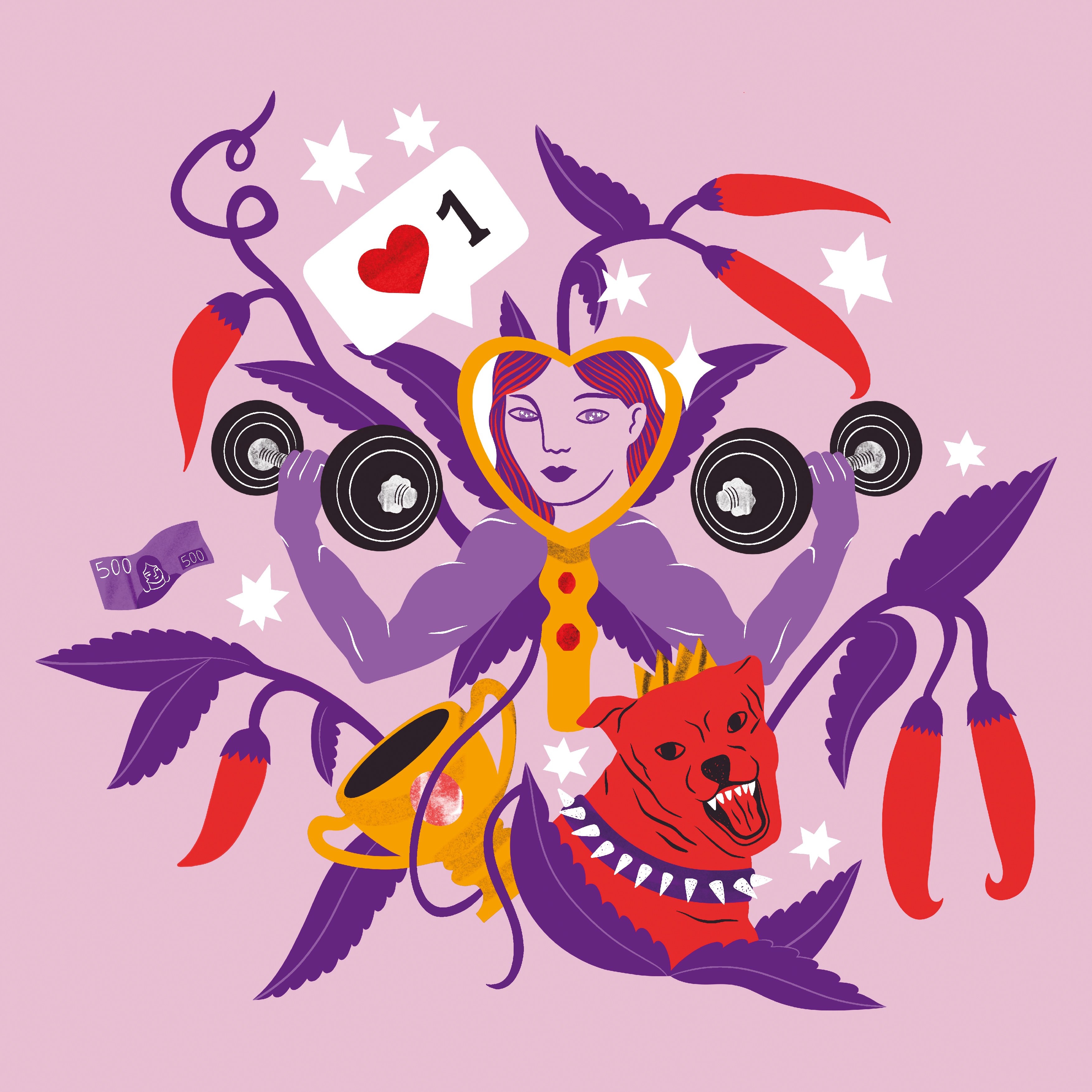 Bildtolkning: En bild på ett mönster i rosa, lila och rött. Det innehåller chilifrukter, en muskelhund med vasst halsband, ett ansikte i ett hjärta, en like, muskulösa armar som håller i hantlar med mera. 