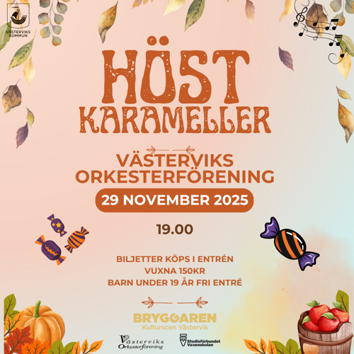 En höstlik bild med virvlande löv. Texten Höstkarameller syns tydligt i mitten av bilden.