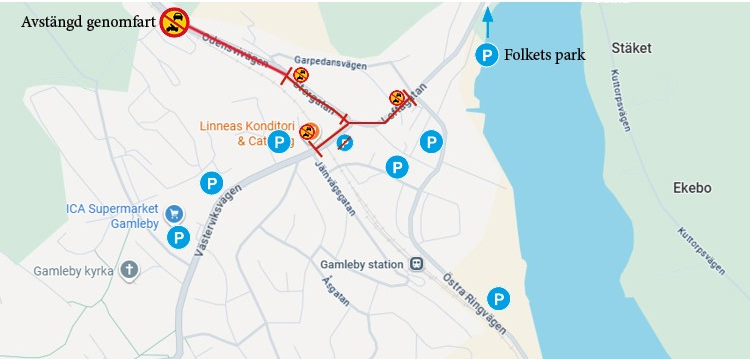 Karta över vilka gator som är avstängda i Gamleby