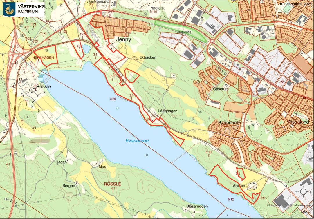 Karta med markeringar för röjning av skog vid Kvännaren i Västervik