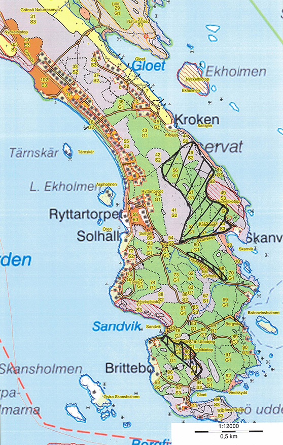 Karta över södra delen av Gränsö med markerade områden för naturvårdande åtgärder. 