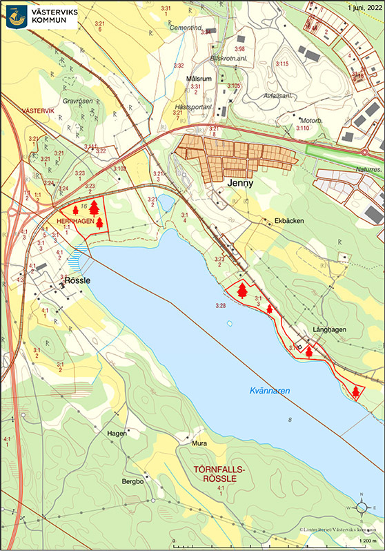 Karta över Kvännaren med markering över områden som ska röjas. 