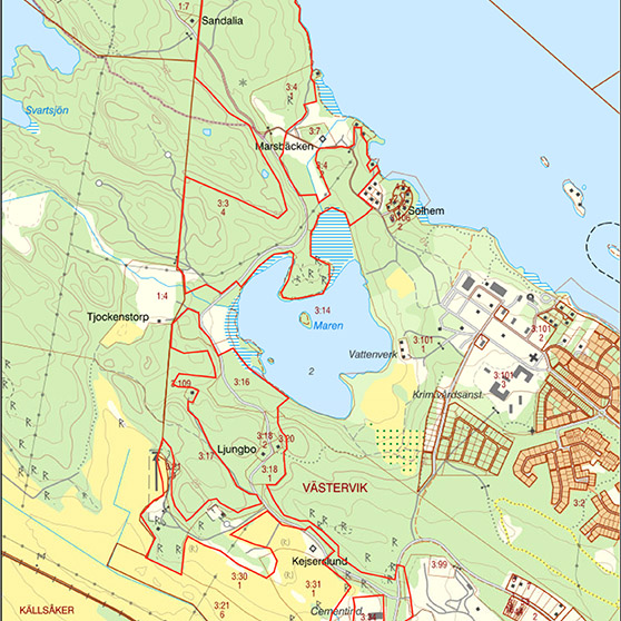 Karta över Maren och Kejserslund med markering över områden som ska röjas. 