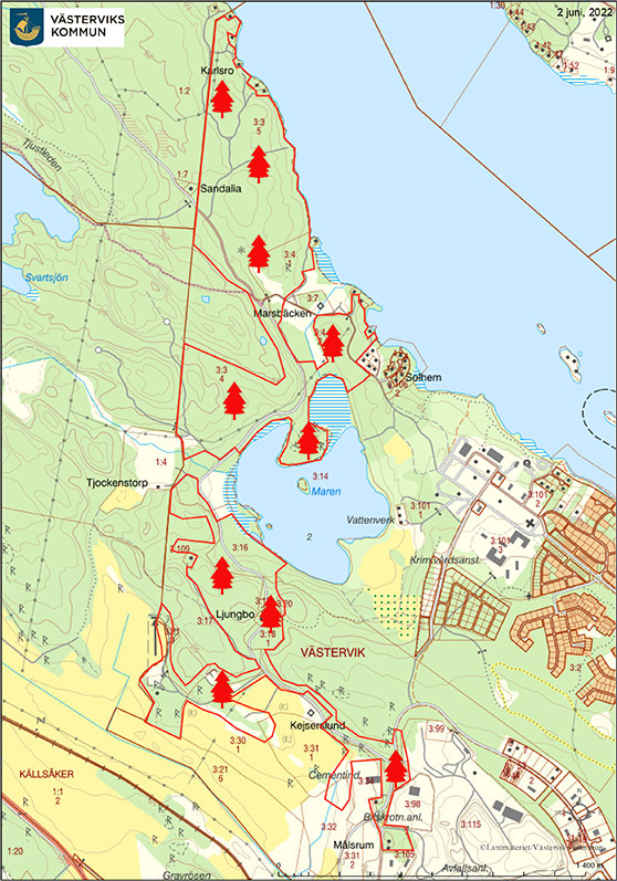 Karta över Maren och Kejserslund med markering över områden som ska röjas. 