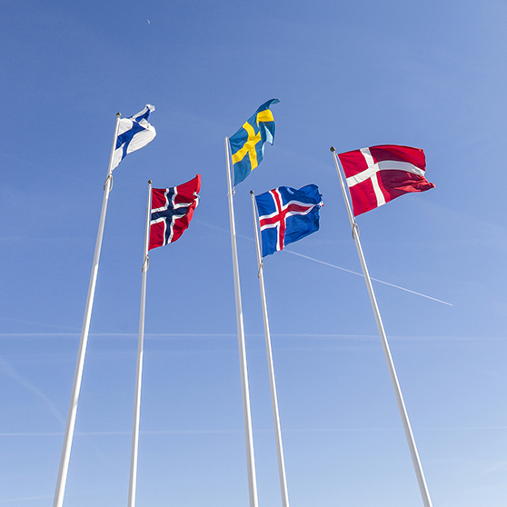 foto på fem nordiska flaggor