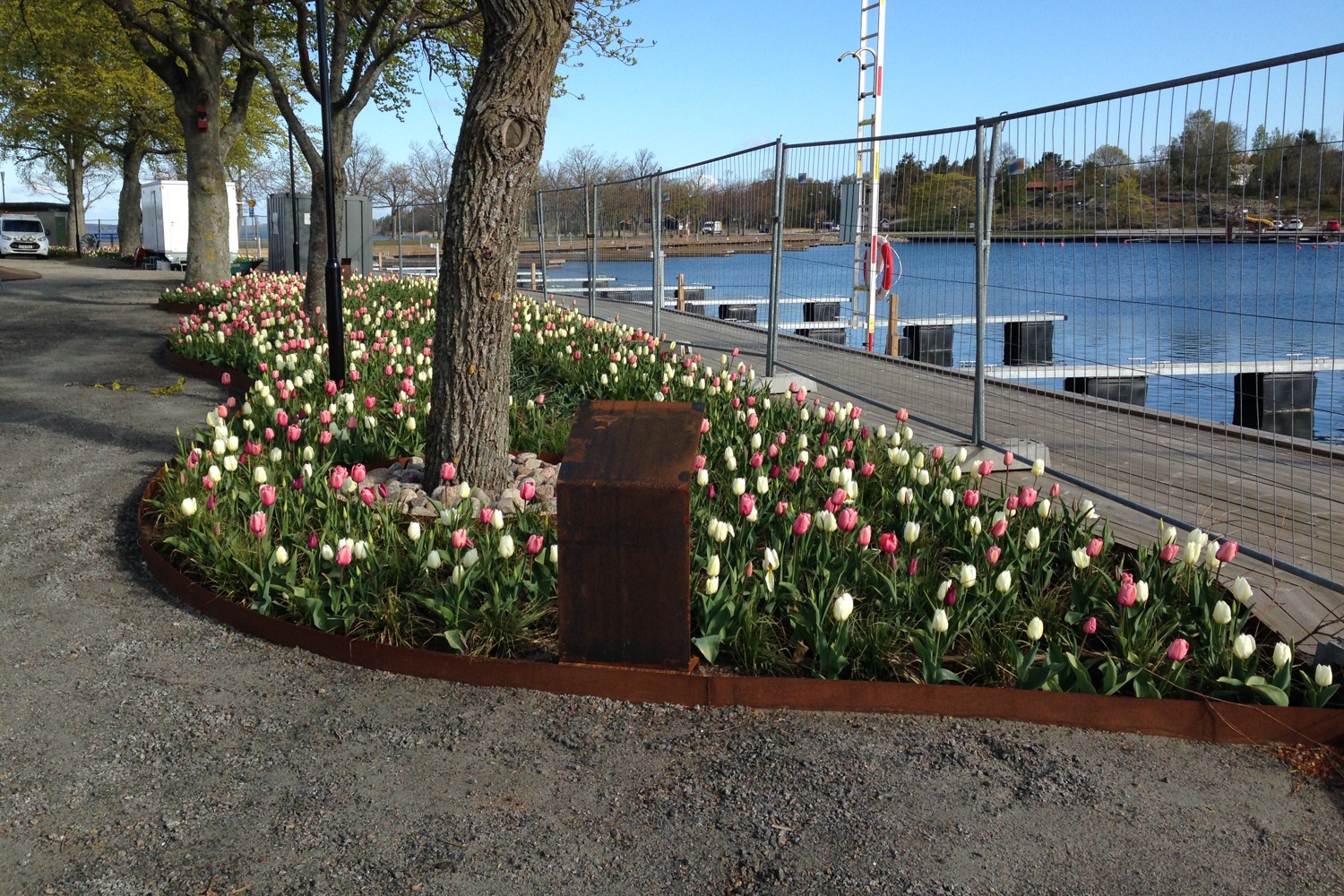 En blomsterrabatt vid vattnet.