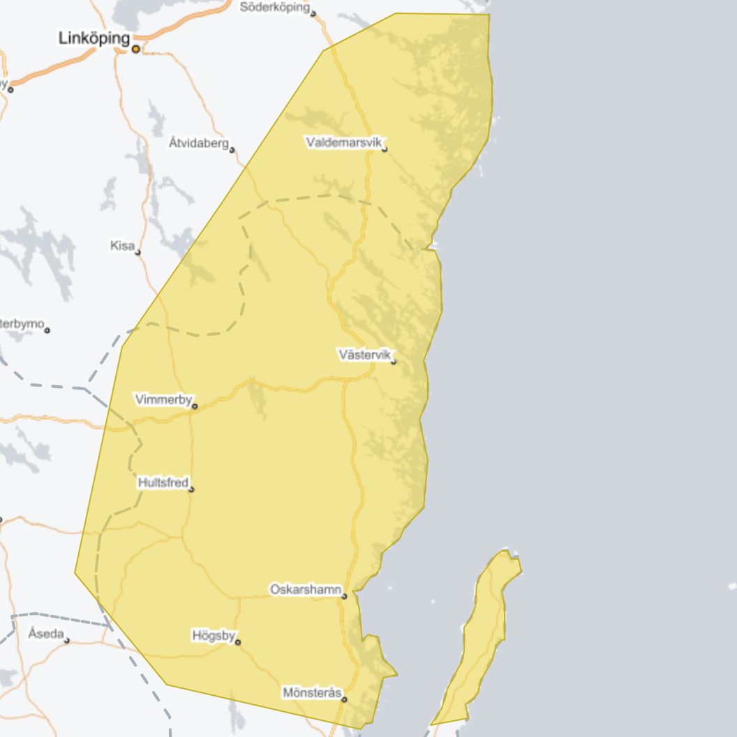 karta område gul vädervarning snöfall söndag 4 januari 2026