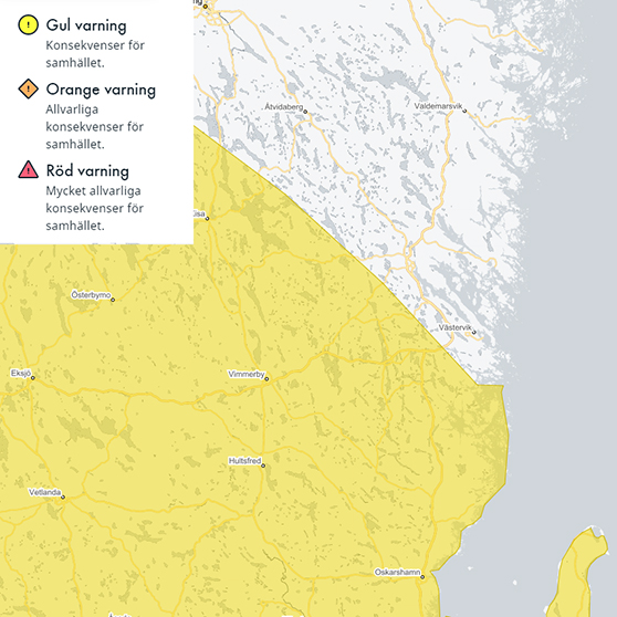 kartbild med delar av Västerviks kommun i gult varningsområde
