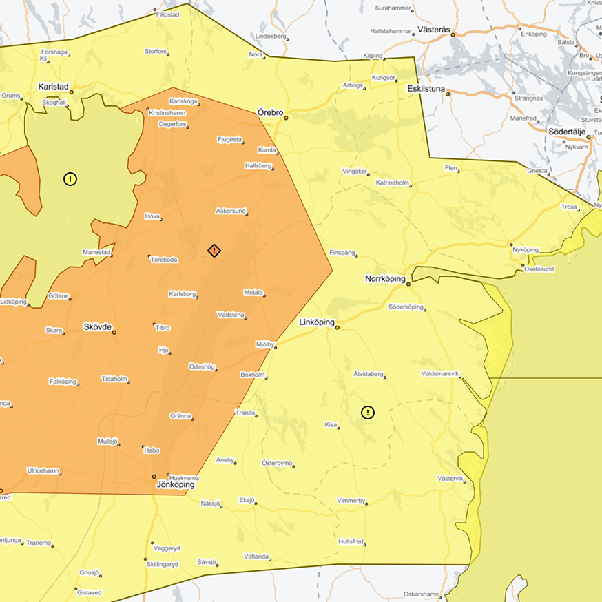karta gul vädervarning söndag 5 april och måndag 6 april 2026