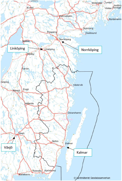 bild på karta med vägar i Kalmar län och övriga sydöstra Sverige