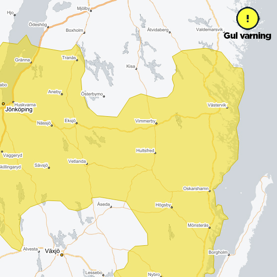 bild på karta som har delar av området Götaland gulmarkerat med texten och symbolen Gul varning