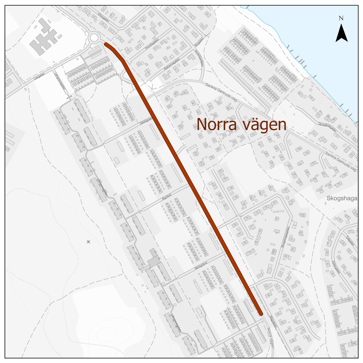 Kartbild norra vägen som ska asfalteras