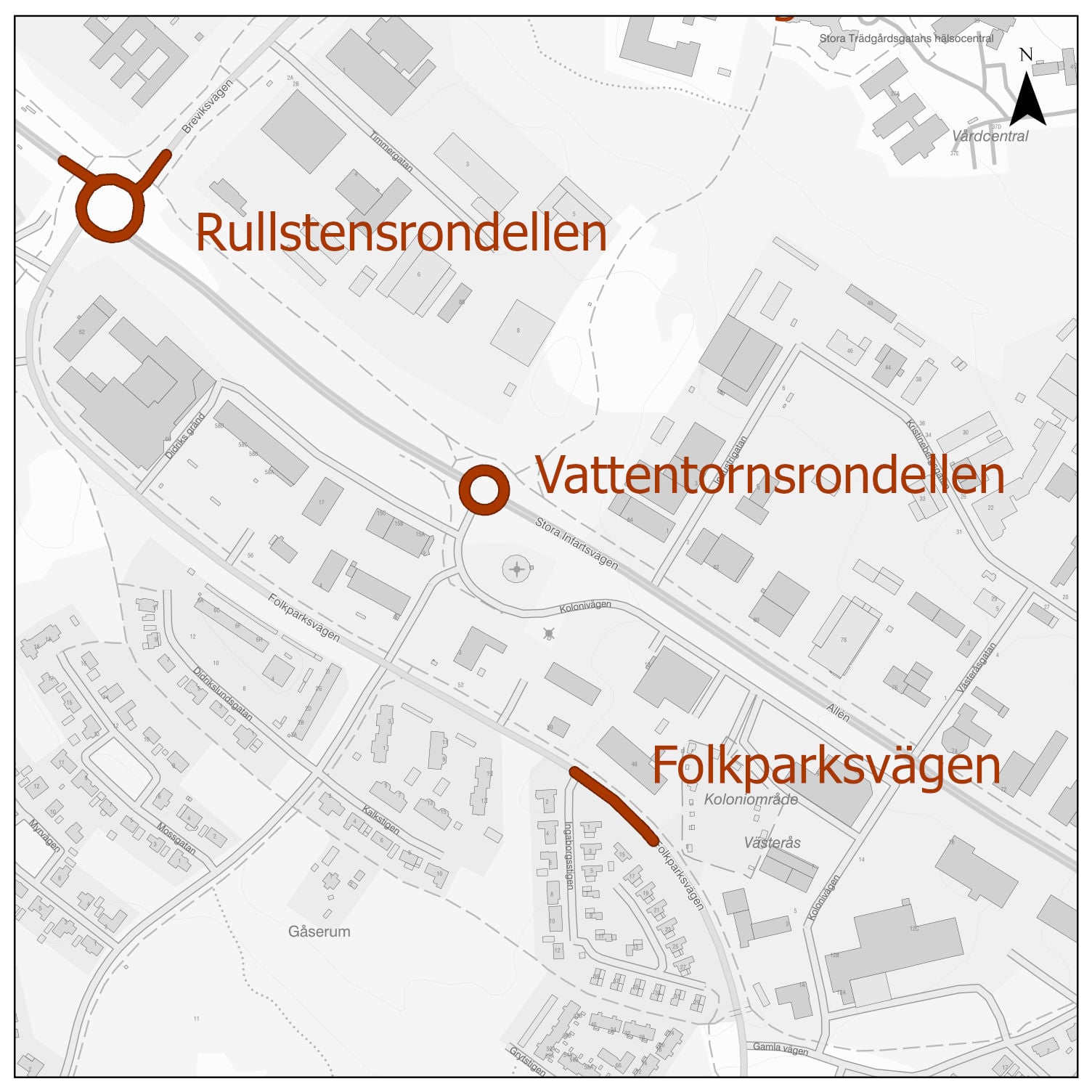 kartbild rullstensrondellen vattentornsrondellen och folkparksvägen som ska asfalteras