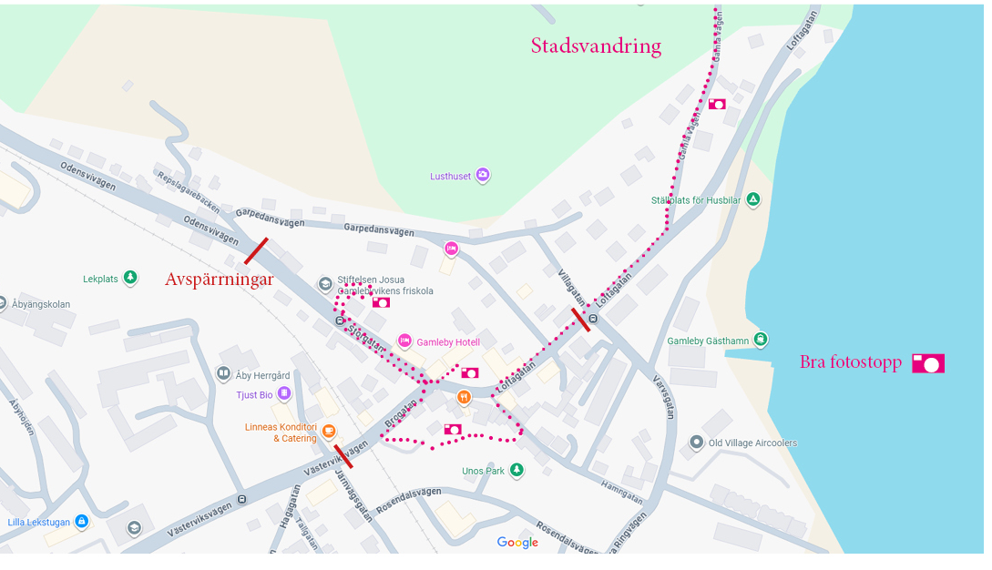 karta som visar stadsvandringsväg vid Kronprinsessbesöket i Gamleby 22 augusti 2025