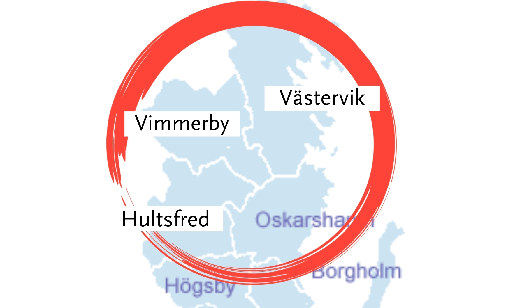 Karta över regional samverkan mellan Västervik, Vimmerby och Hultsfreds kommun. 