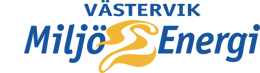 Logotyp med en gul figur och texten Västervik Miljö & Energi AB i blått